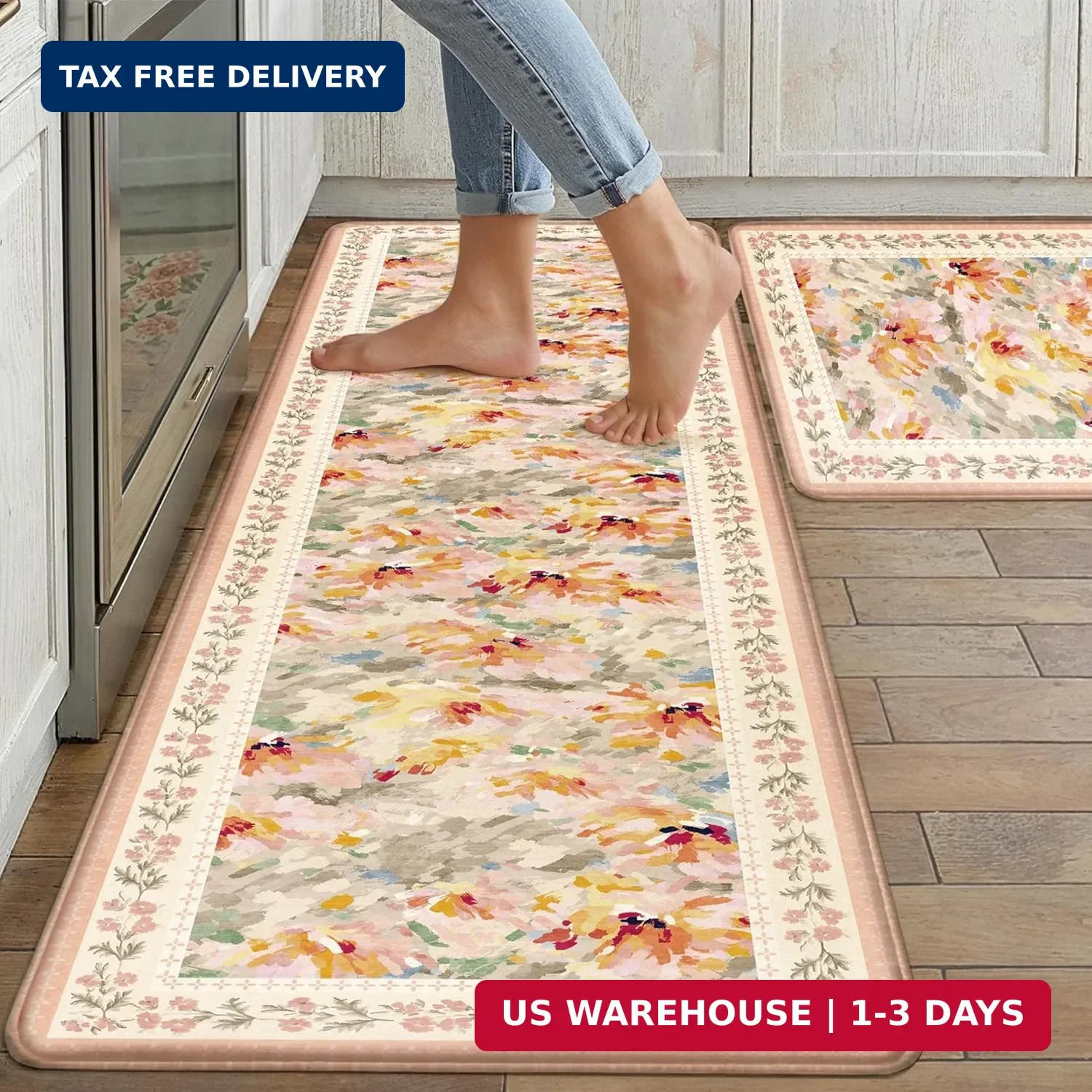 Anti Fatigue Kitchen Mats 2PCS Thick Non Slip Cushioned Rugs Beige Abstract Flor gallery