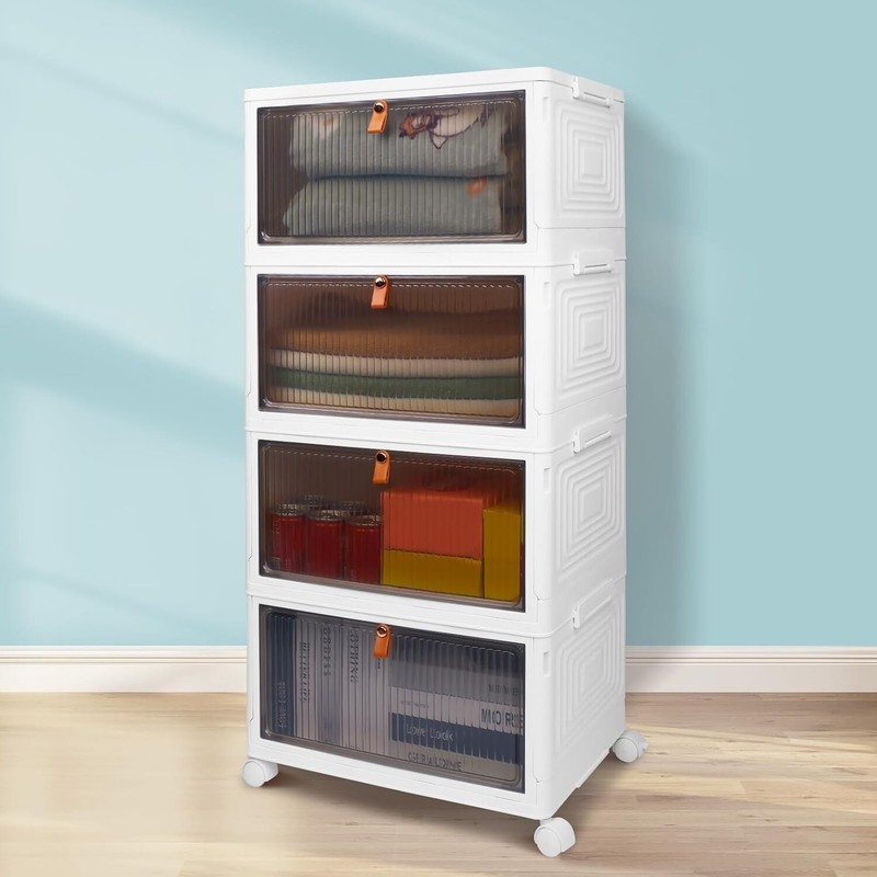 Upgrade Your Space: 4-Tier Plastic Storage Boxes with Translucent Doors & Wheels gallery