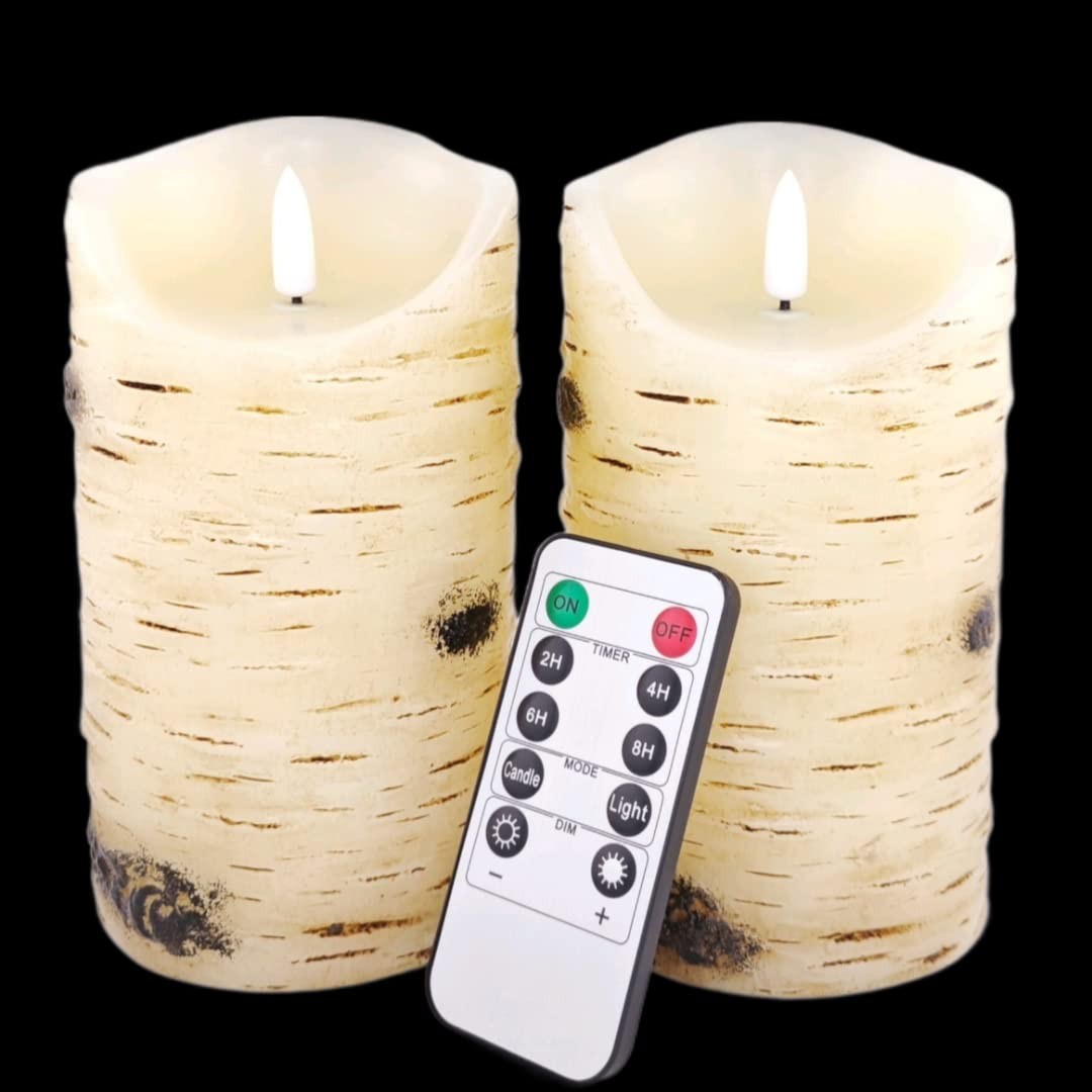 Flameless Candles LED Candles Birch Bark Effect Set of 2 D3.25" X H6" Ivory R gallery