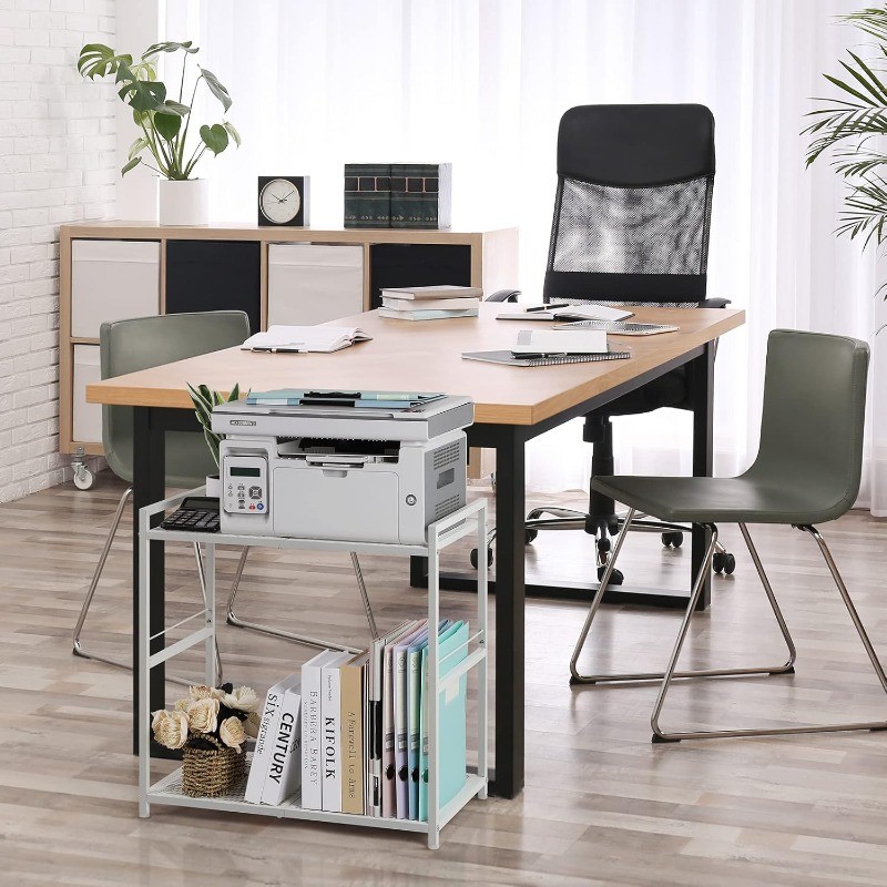 2 Tier Mobile Printer Stand with Storage Under Desk for Home & Office, White gallery