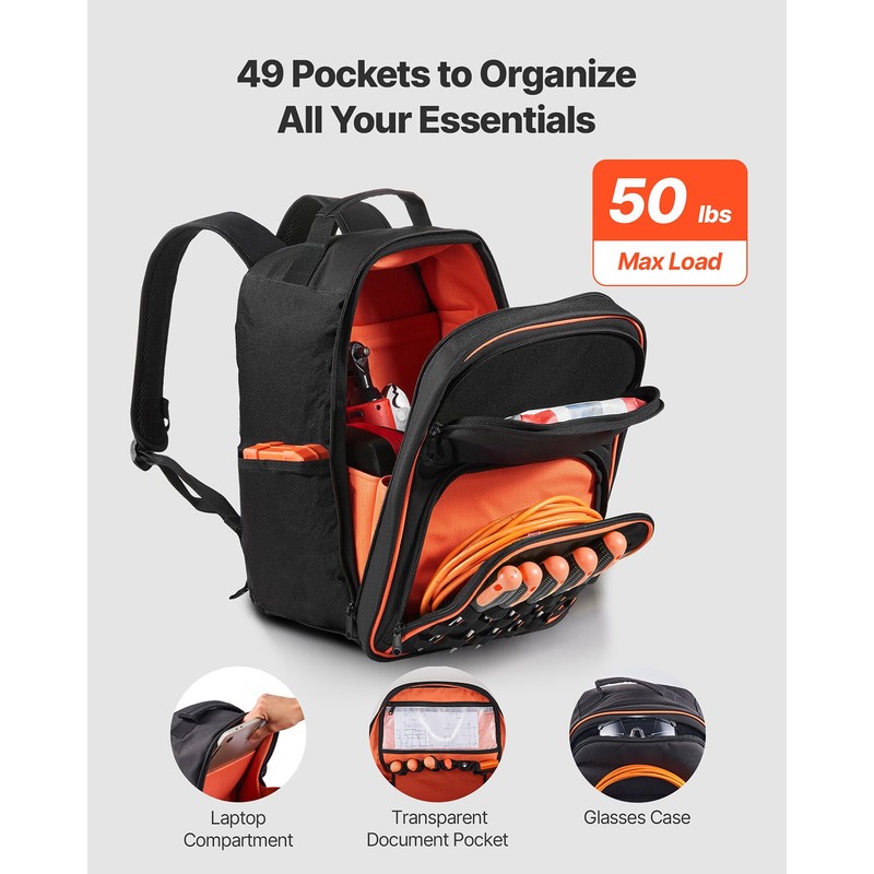 Tool Backpack 49 Pockets Tear-resistant Jobsite Backpack for Electrician gallery