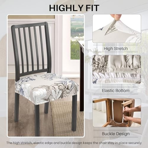 Waterproof Dining Chair Seat Covers 4pcs-rear Covered Brown and Blue Flower gallery
