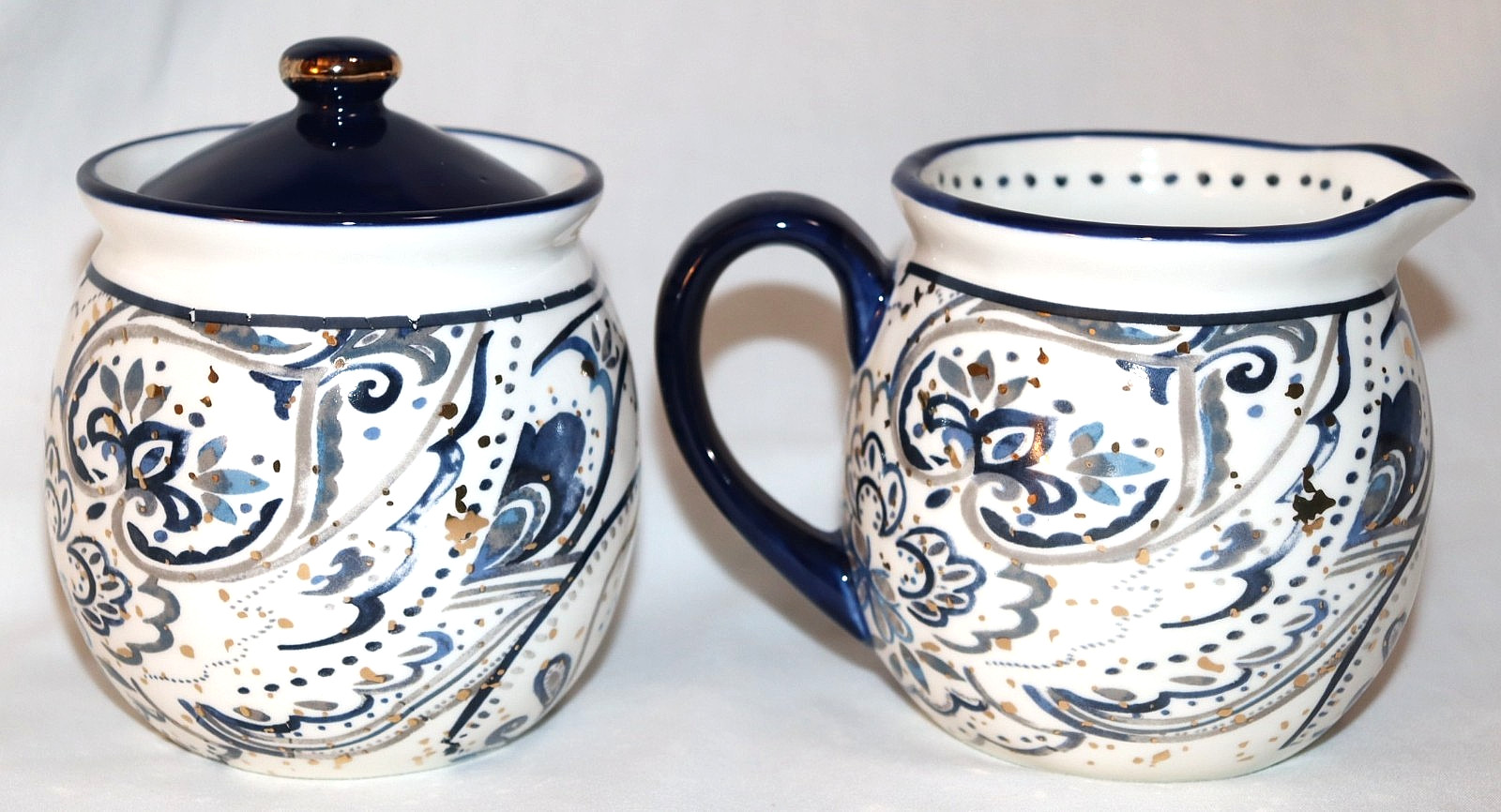 Potters Studio Paisley & Filigree Covered Sugar & Creamer Blue Gold & White gallery