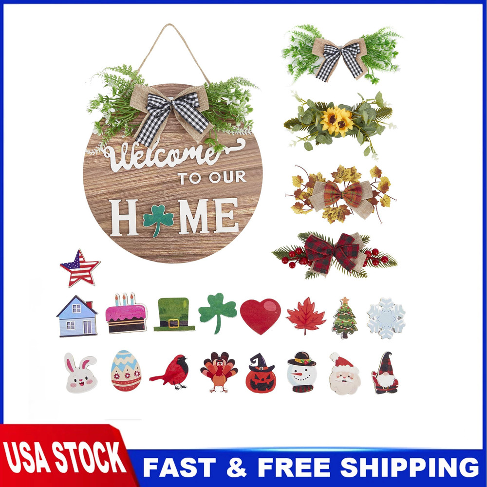 Interchangeable Welcome Home Sign, Front Door Decor With 4 Seasonal Wreaths