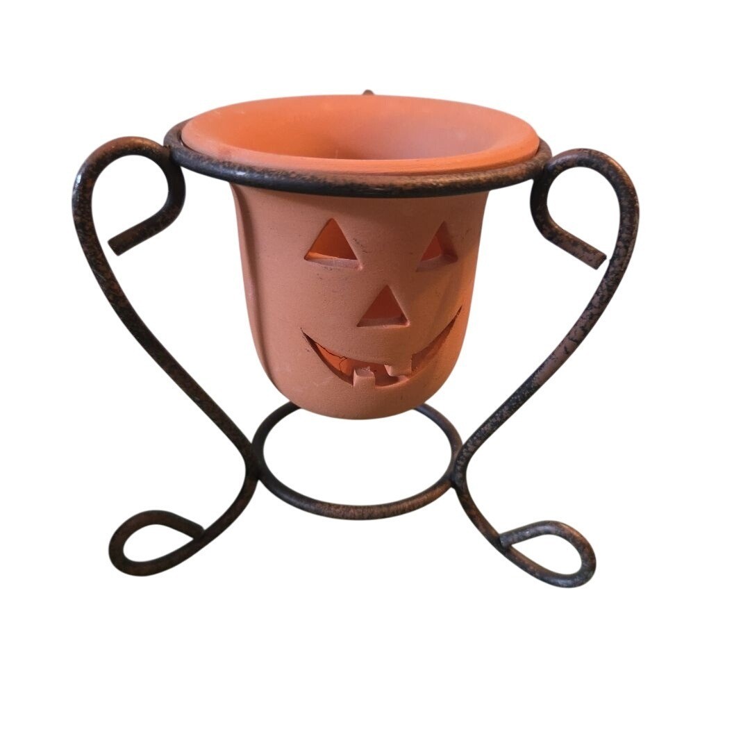 Terracotta Jack O Lantern Pumpkin Candle Cup Halloween Luminary in Stand gallery