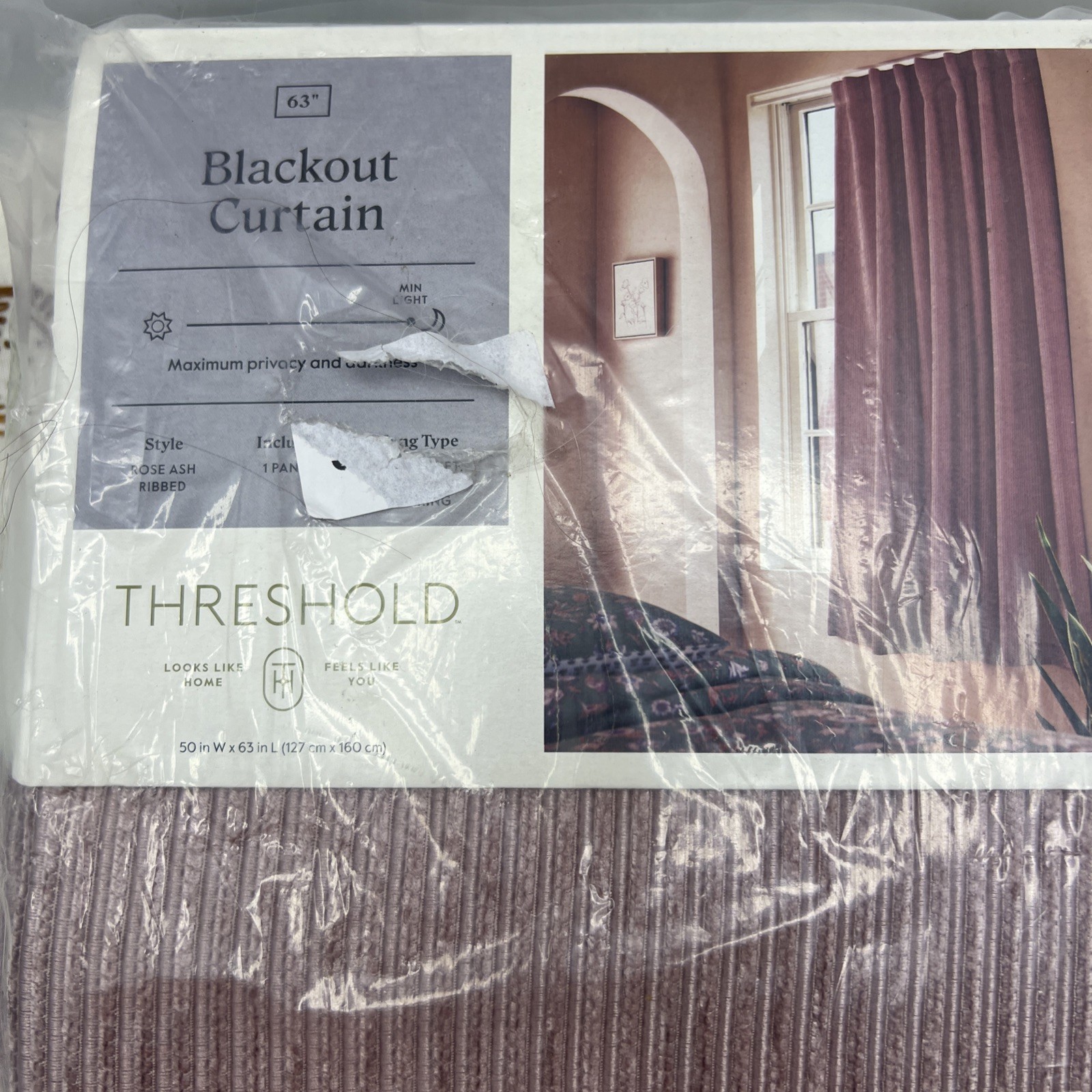 Threshold Rose Ash Pink Corded Ribbed Single Blackout Curtain Panel 50" x 63" gallery