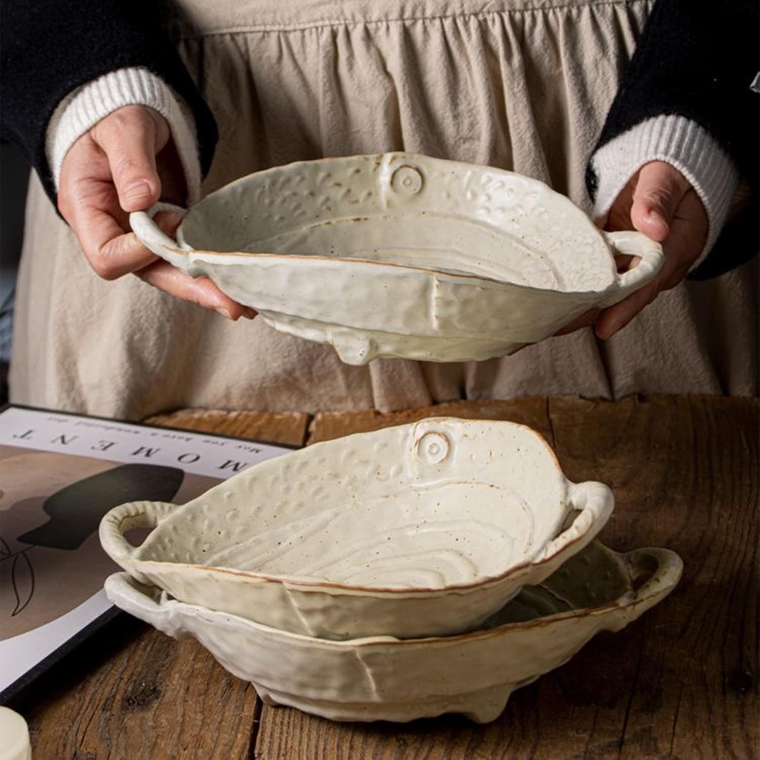 Free-Form Edge Small Ceramic Bowl W/ Handles Retro Distressed Style Glazed Fruit gallery