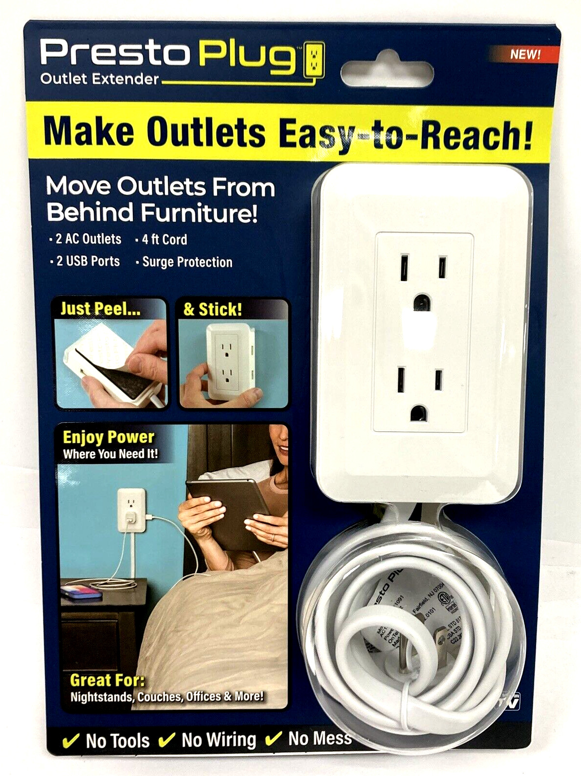 Presto Plug Wall Outlet Extender 4 ft Cord Peel & Stick As Seen On TV 2 AC 2 USB gallery