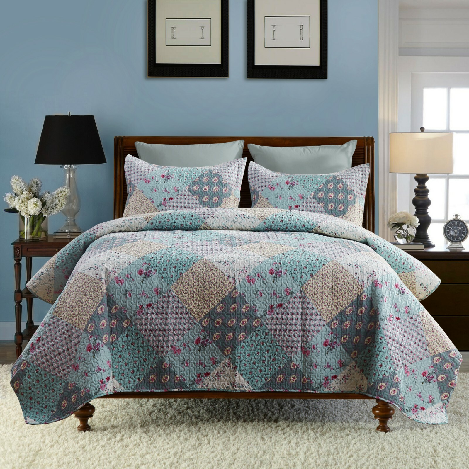 3-Piece Blooming Floral Authentic Patchwork Quilt Set Reversible Bedspreads gallery