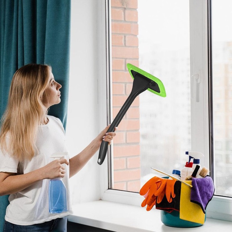 CAR WINDOW CLEANER WINDSHIELD CLEANING WAND TOOL ROTABLE HEAD W/ 5 REUSABLE PADS gallery