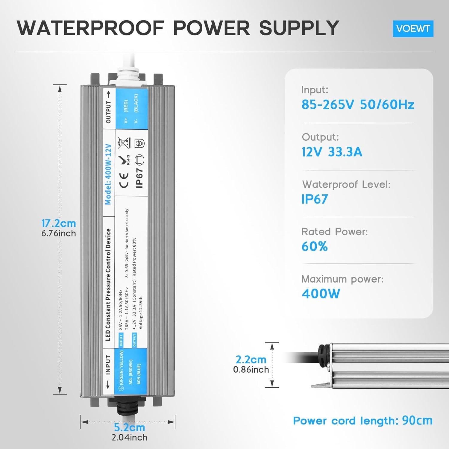 LED Driver 400 Watts Waterproof IP67 Power Supply 85V-265V AC to 12V DC Conve... gallery