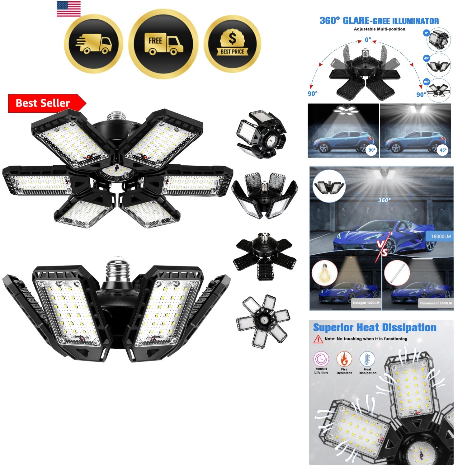 LED Garage Lights Bulb 2 Pack 180W 18000LM 6500K Led Shop Light with 6 Plus 1... gallery