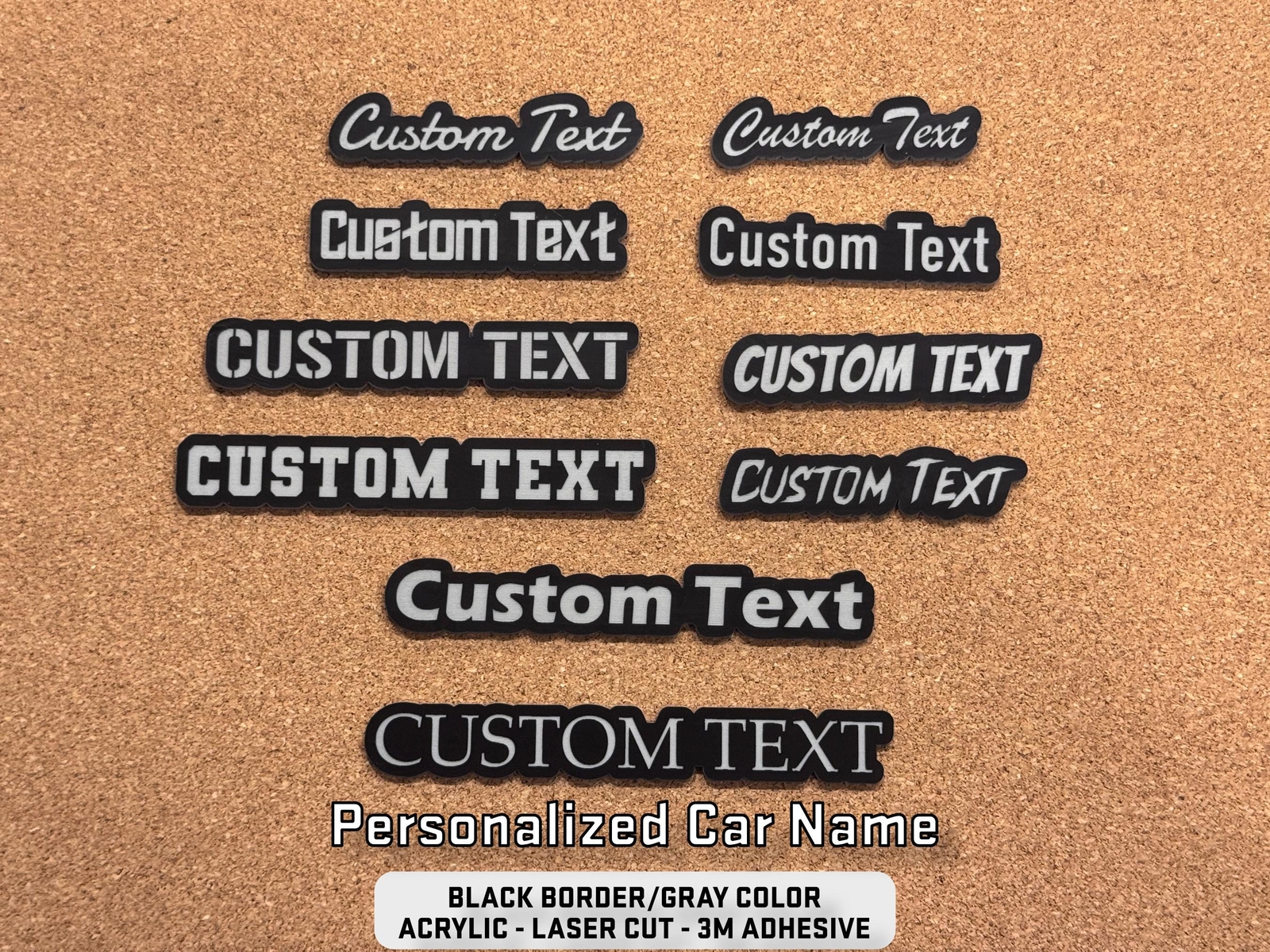 Custom Engraved Car Name Emblem Badge - Black with Gray - Customized Text Names! gallery