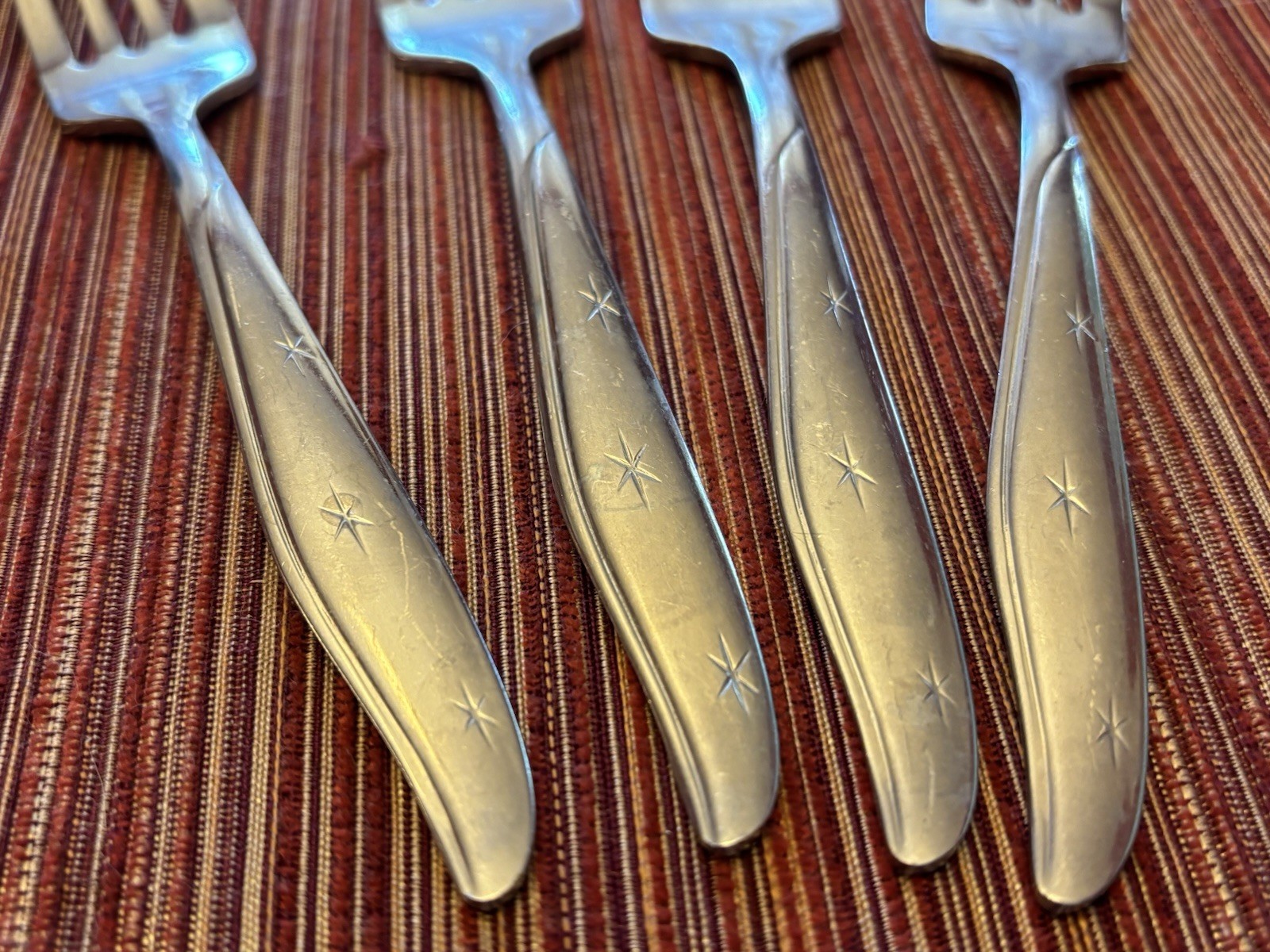 4 Mar-Crest Citation Stainless Atomic Starburst Flatware Vintage Salad Forks 6” gallery