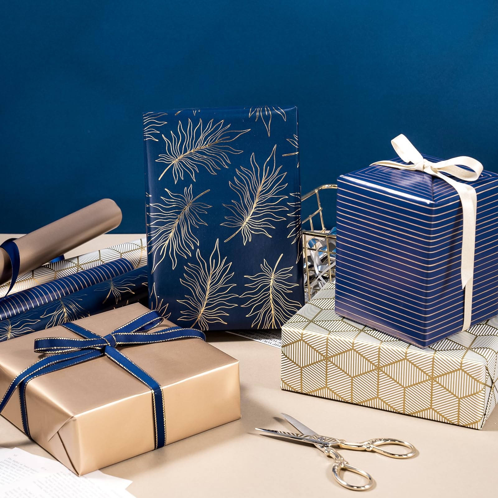 WRAPAHOLIC 30 Inch Navy Wrapping Paper - Jumbo Roll Gold and Navy Print with Cut gallery