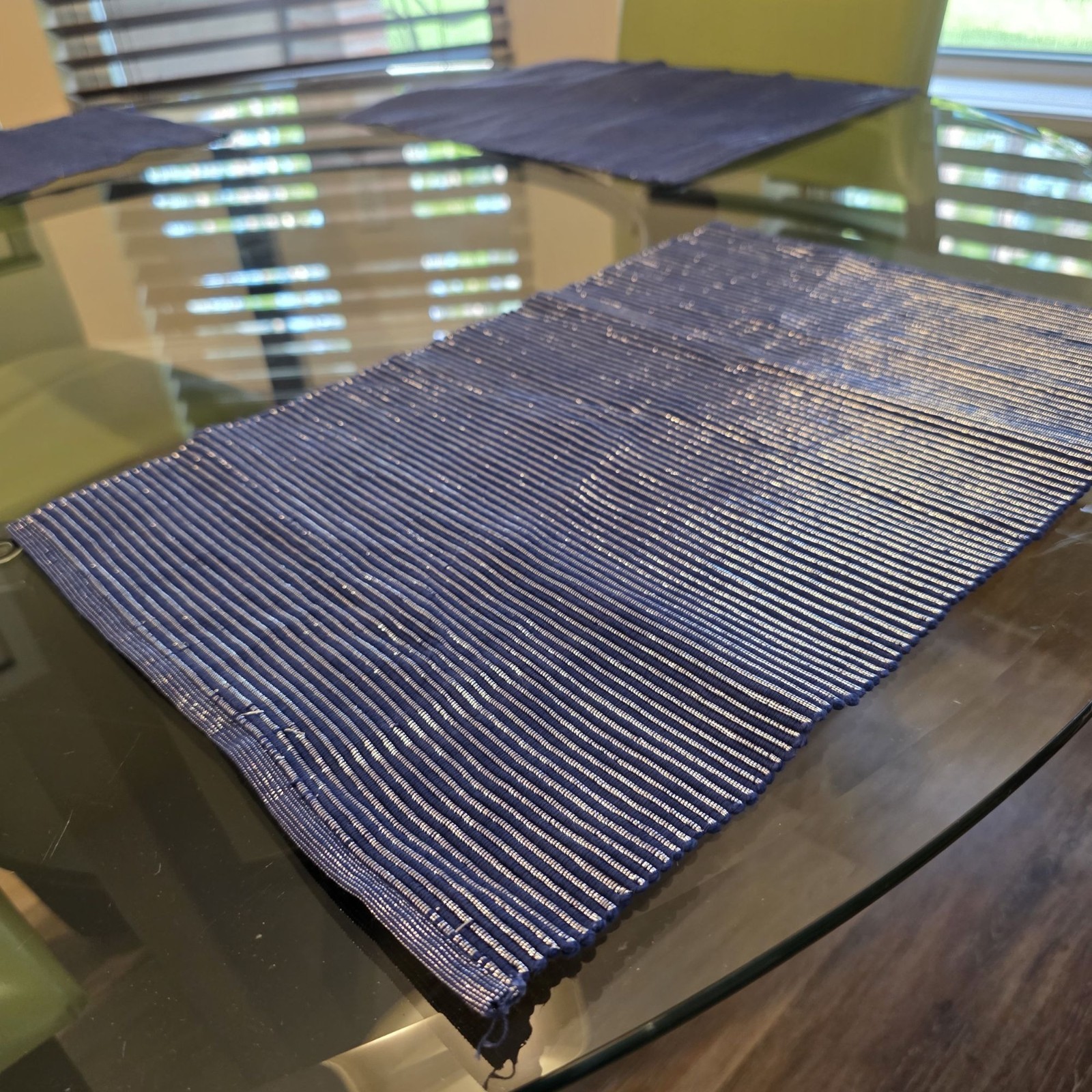 Woven Blue & Shiny Silver Thread Striped Placemats - Set Of 4 - 18" X 13" gallery