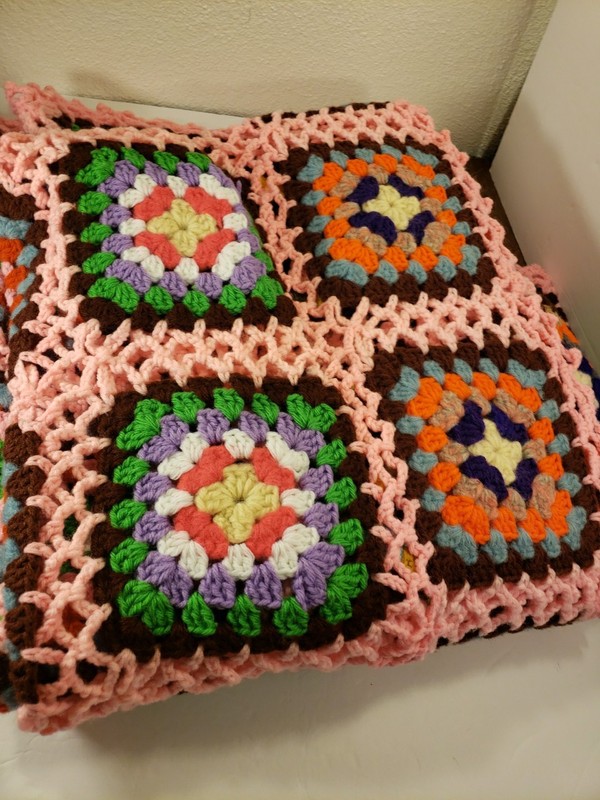 Handmade vintage granny square crocheted afghan blanket Large 60” X 79” Hot Pink gallery