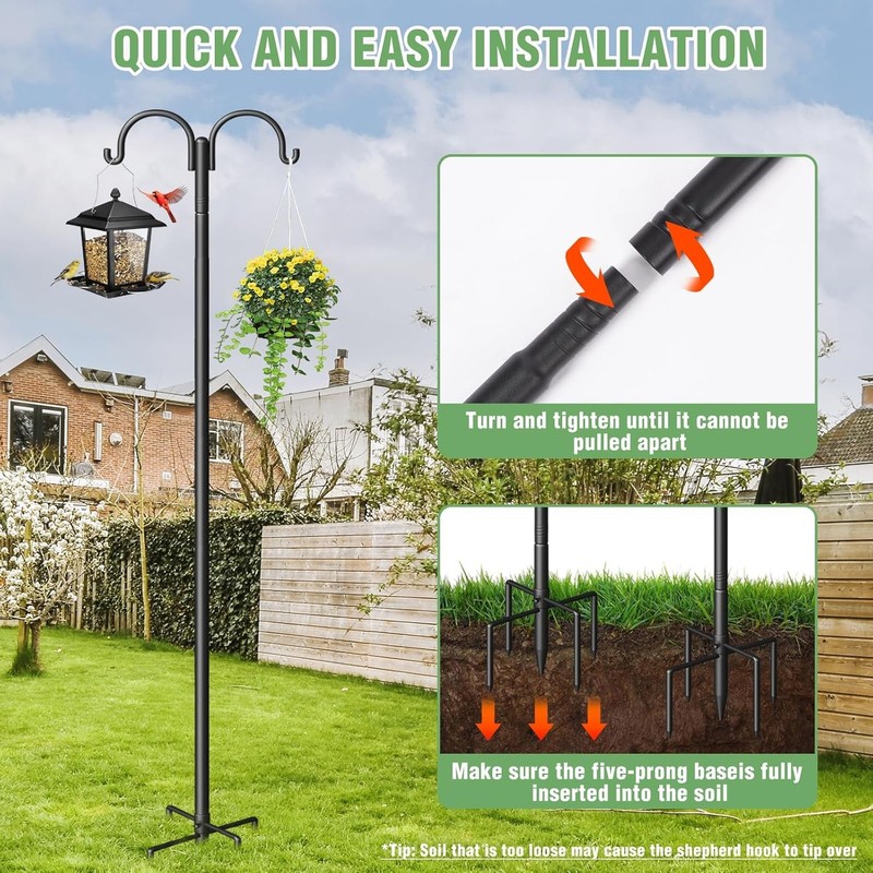 Double Shepherds Hooks for Outdoor Adjustable Bird Feeder Pole With 5-Prong Base gallery