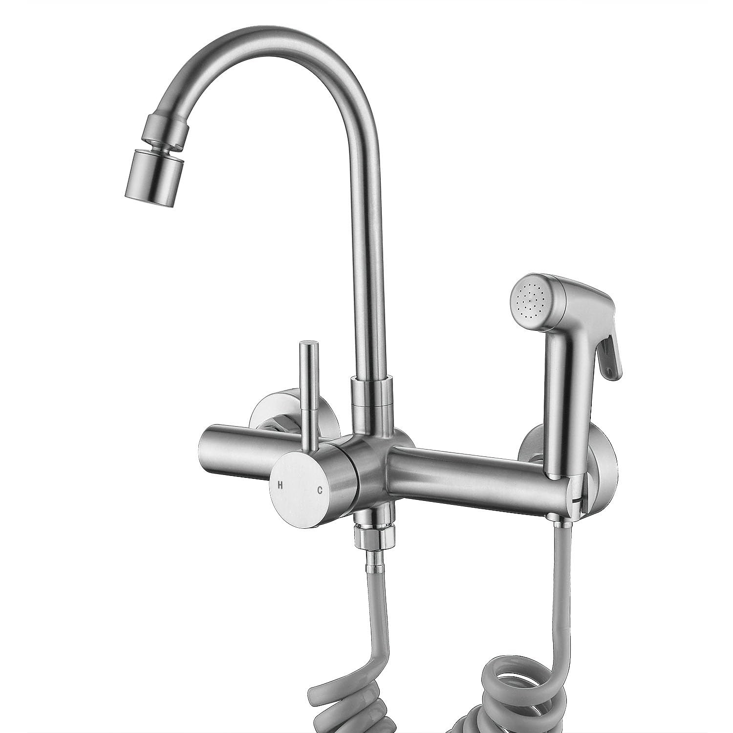 8" Center Wall Mount Kitchen Faucet with Side Sprayer, Brushed Nickle Stainle... gallery