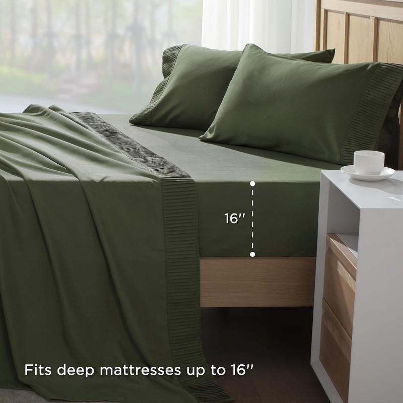 Queen Sheet Set 4 Pieces, Dark Olive Green Super Soft Sheets for Queen Size B... gallery