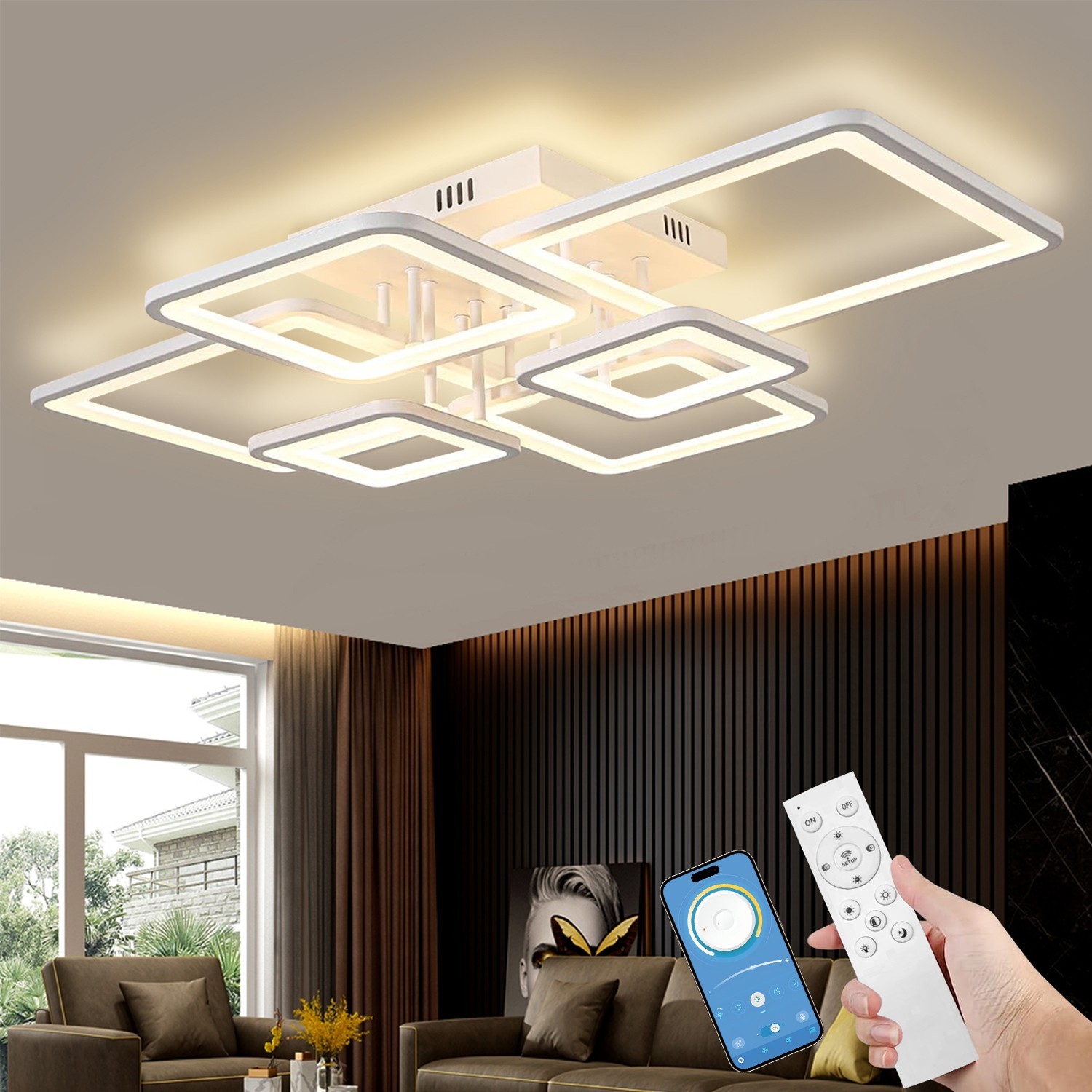 6-Ring Dimmable LED Ceiling Lamp – White Flush Mount Light with Remote Control gallery