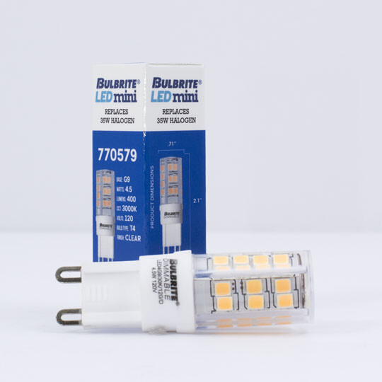 Bulbrite 770579 LED Specialty Mini Bulb 4.5W=40W 120V T4 2-Pin G9 Base Clear 30K gallery