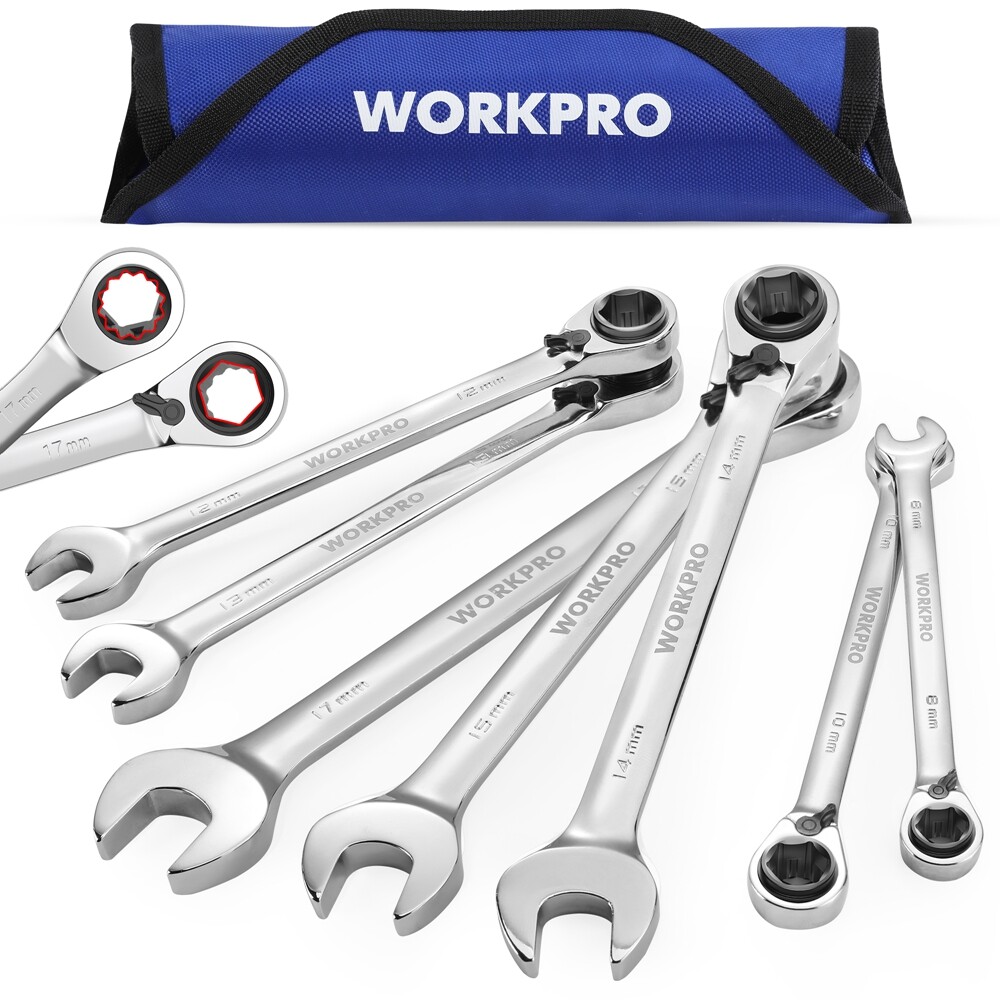 WORKPRO 7PCS 3-in-1 Reversible Ratchet Wrench Set Metric 8-17mm 6-12 PT Open-End gallery
