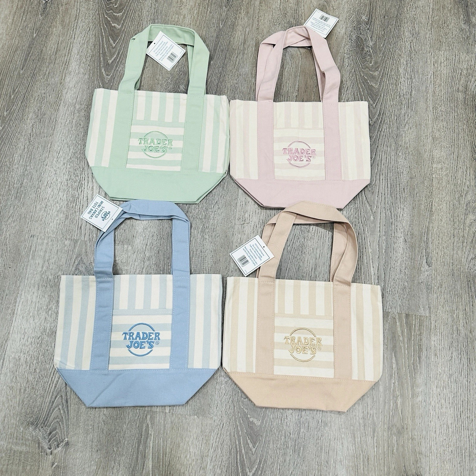 TRADER JOE'S MINI PASTEL STRIPE CANVAS TOTE BAGS SET Of 4 PINK BLUE GREEN BEIGE gallery