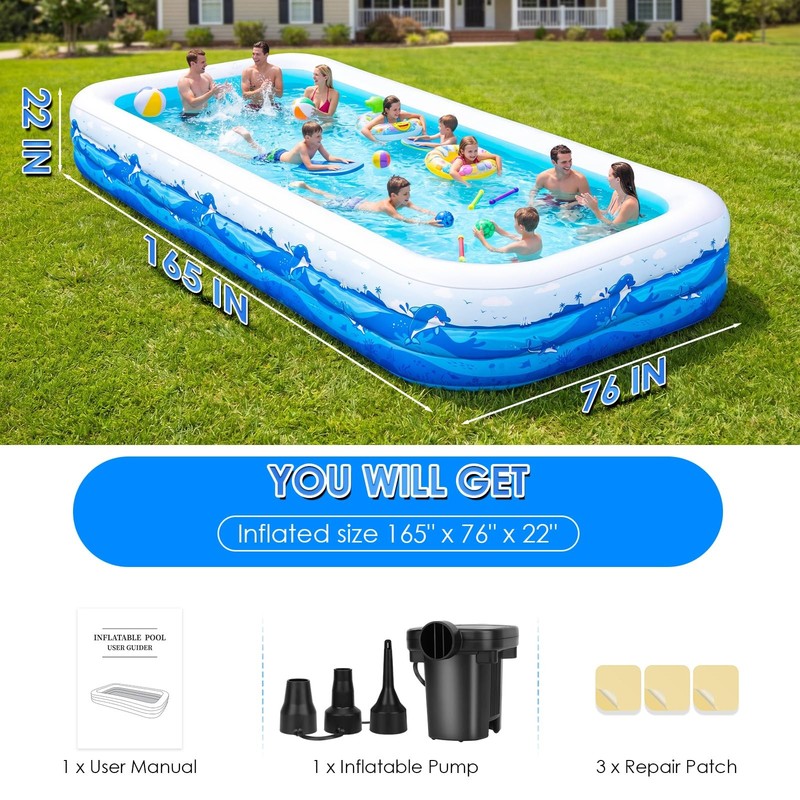 Extra Large Inflatable Pool for Adults 165 x76 x22 Full Sized Blow Up Pool with gallery