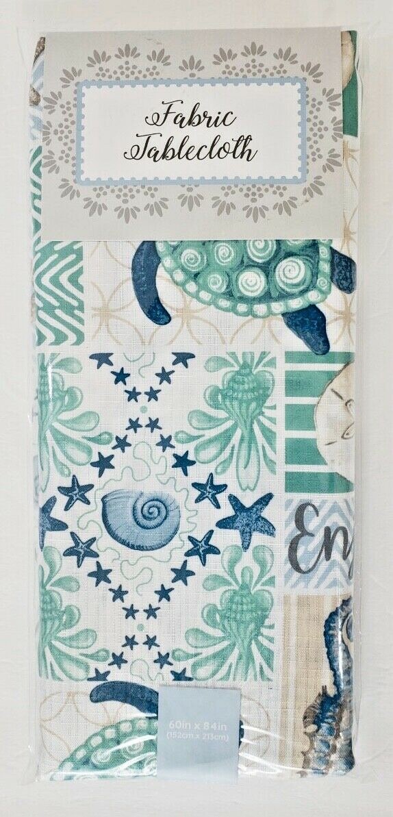 Fabric Tablecloth Ocean Life Shell Turtle Seahorse White Blue Beige Green 60x84" gallery