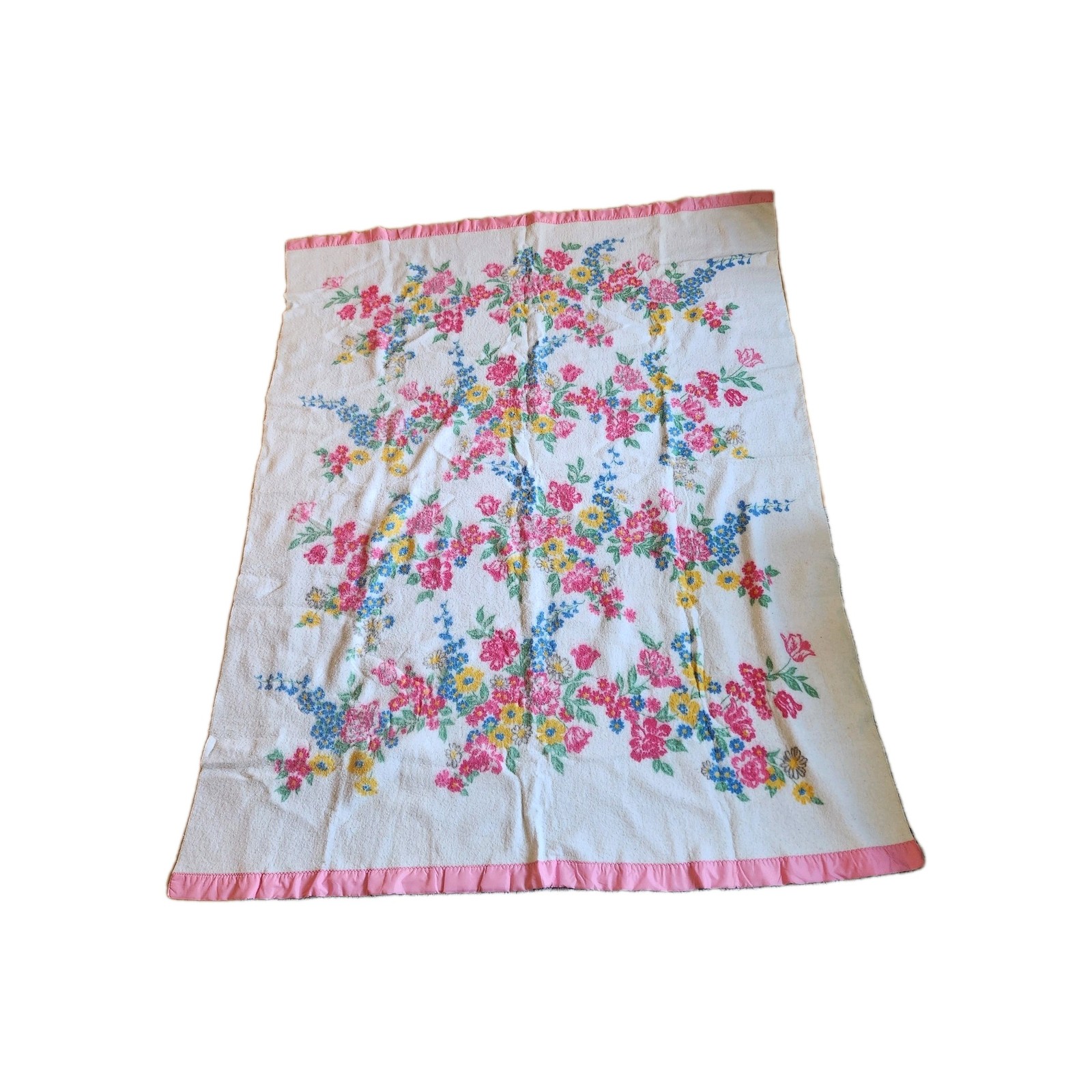 Vintage Blanket Pink Floral Polyester Acrylic Satin Trim Binding 72” X 93” gallery