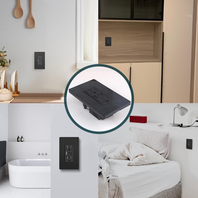 Black USB Wall Outlets, 4.8A USB Wall Receptacle with Type A & Type C Ports, Dup gallery