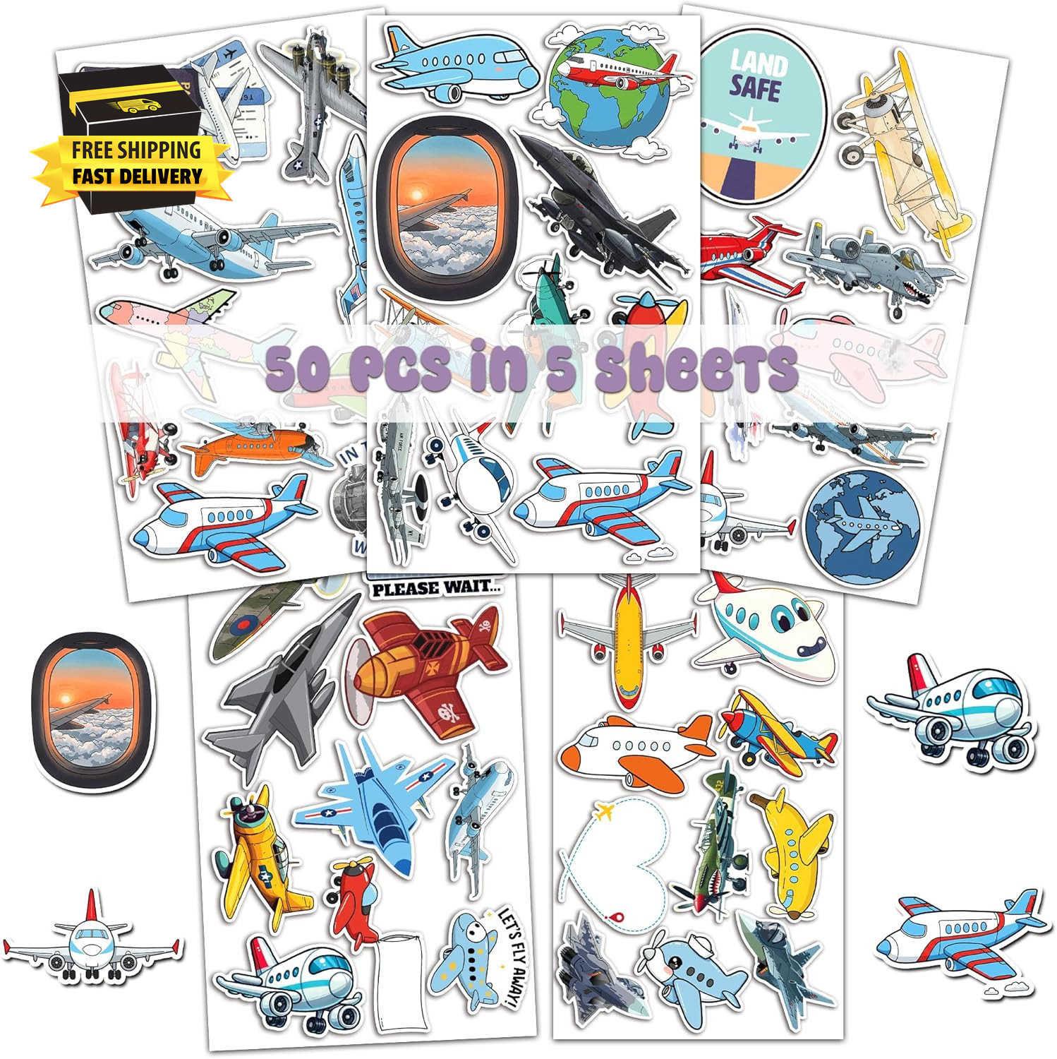 50 Pcs Airplane Vinyl Sticker Waterproof PVC Plane Decals Aircraft Stickers for gallery