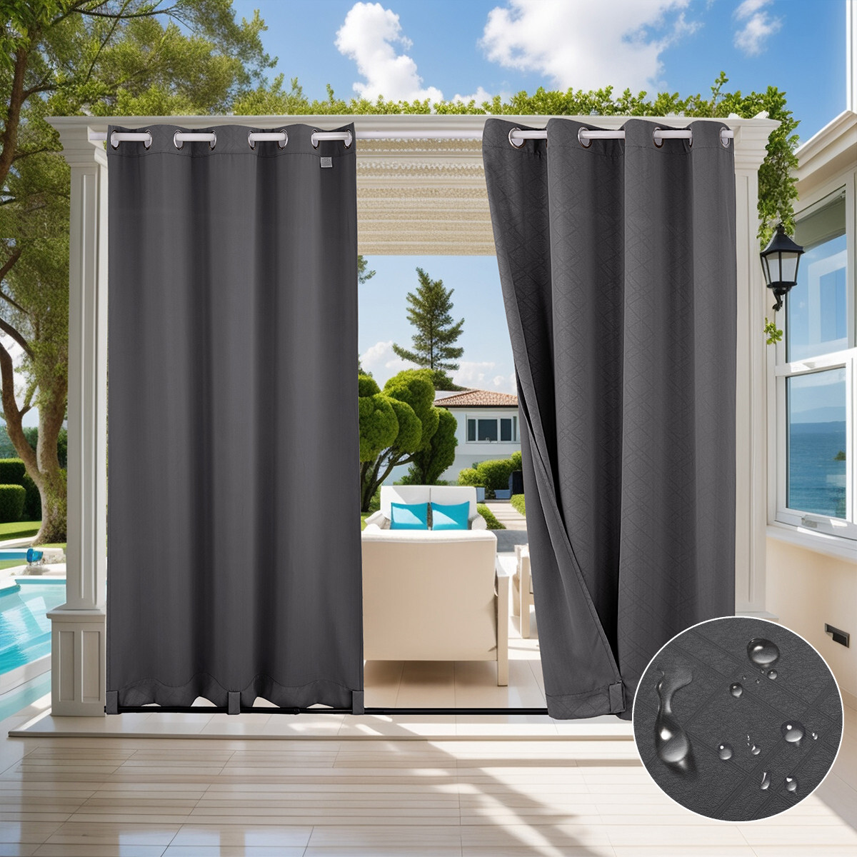 3D Embossed Patio Outdoor Curtains Waterproof Garden Pergola Blackout Drapes gallery