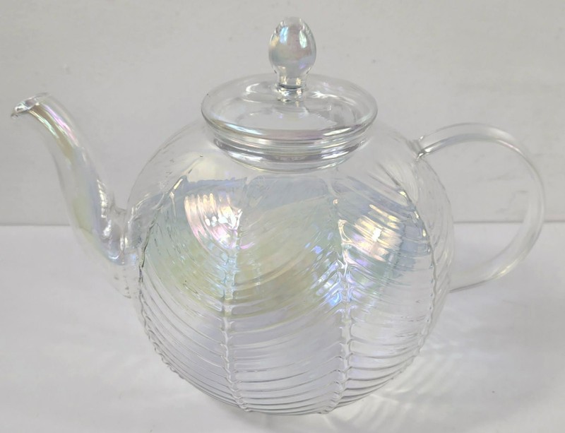 Iridescent Textured Herringbone Pattern Borosilicate Glass Tea Pot gallery