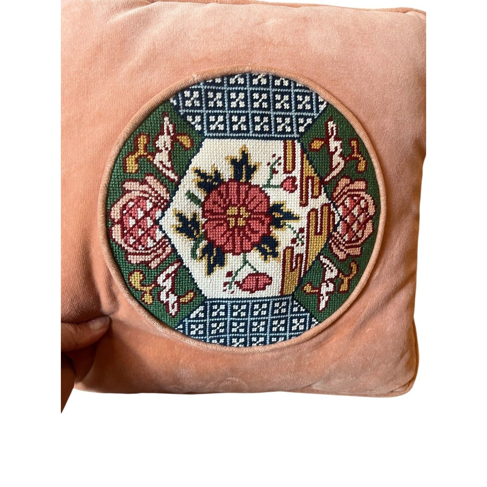 VTG Floral Petit Point Needlepoint Pillow Peach Velvet Cottage Core 13” Square gallery