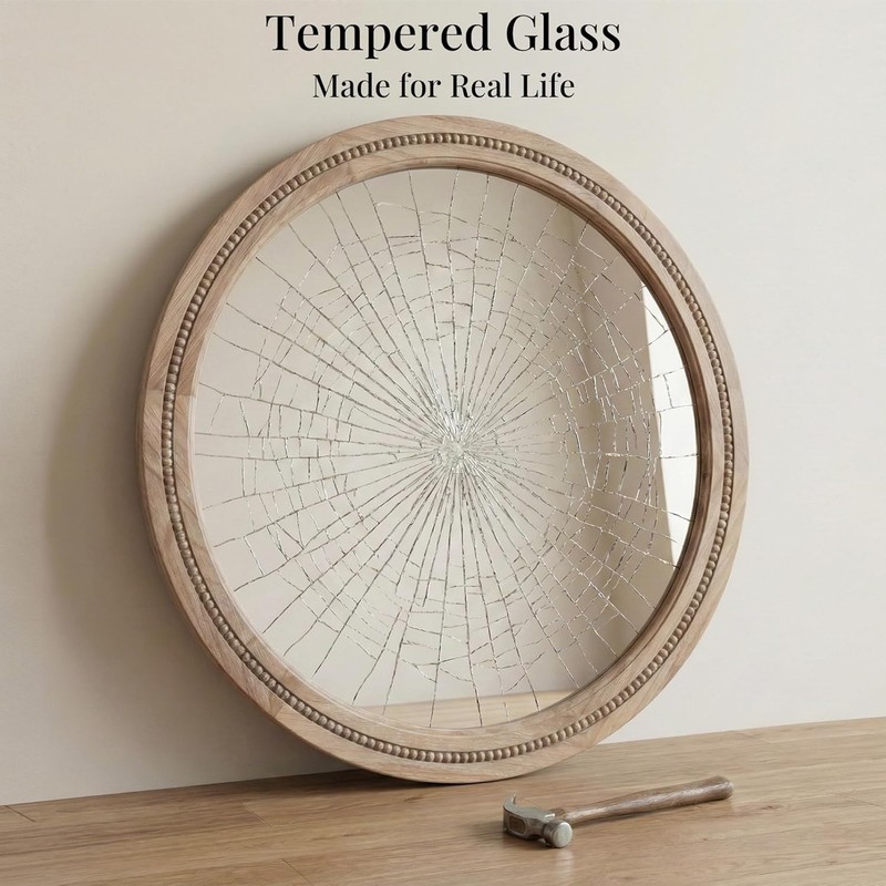 30" Round Solid Wood Mirror, Handcrafted Beaded Circle for Bathroom Vanity gallery