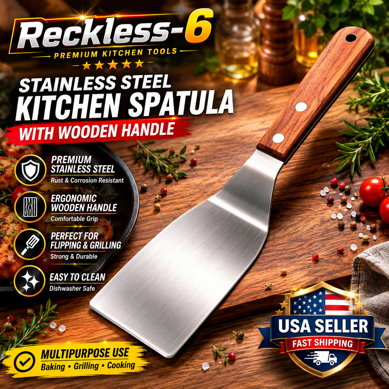 Metal Spatula Beveled Edges, Stainless Steel Spatula with Wood Handle gallery