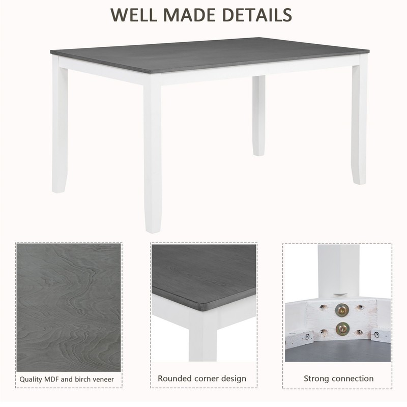 7 Piece Modern Solid Wood Frame Dining Table Set w/ 6 Linen Upholstered Chairs gallery
