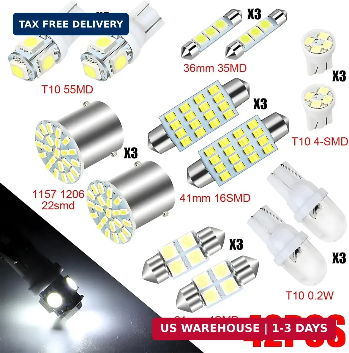 42 Pcs Car LED Lights Kit, Auto Interior Bulbs Set, 6000K 12V T10 For Accessory, gallery