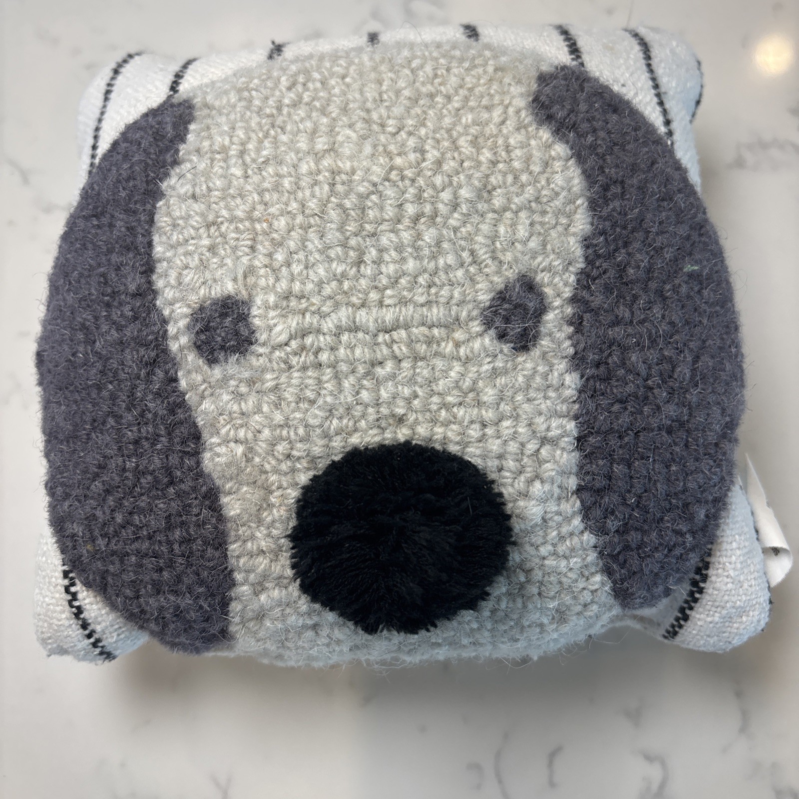 Mud Pie Mini Rug Hook Striped Pillow Dog Puppy Puff Nose Gray Black White 8x8 gallery