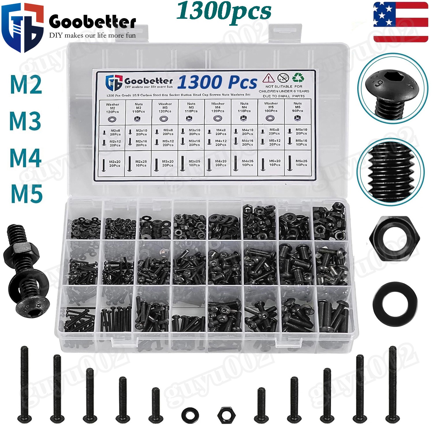1300Pcs M2-M5 Button Head Hex Socket Cap Screws Bolts Nuts Washer Assortment Kit gallery