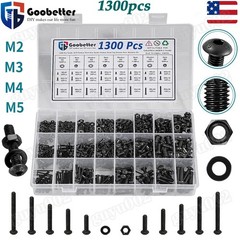 1300Pcs M2-M5 Button Head Hex Socket Cap Screws Bolts Nuts Washer Assortment Kit