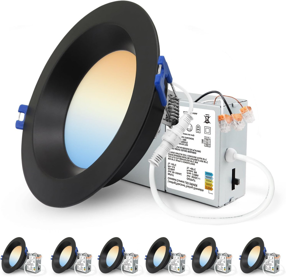 Dimmable 4" LED Downlight, 5CCT Selectable, 12W, 1080LM, 6 Pack, Black