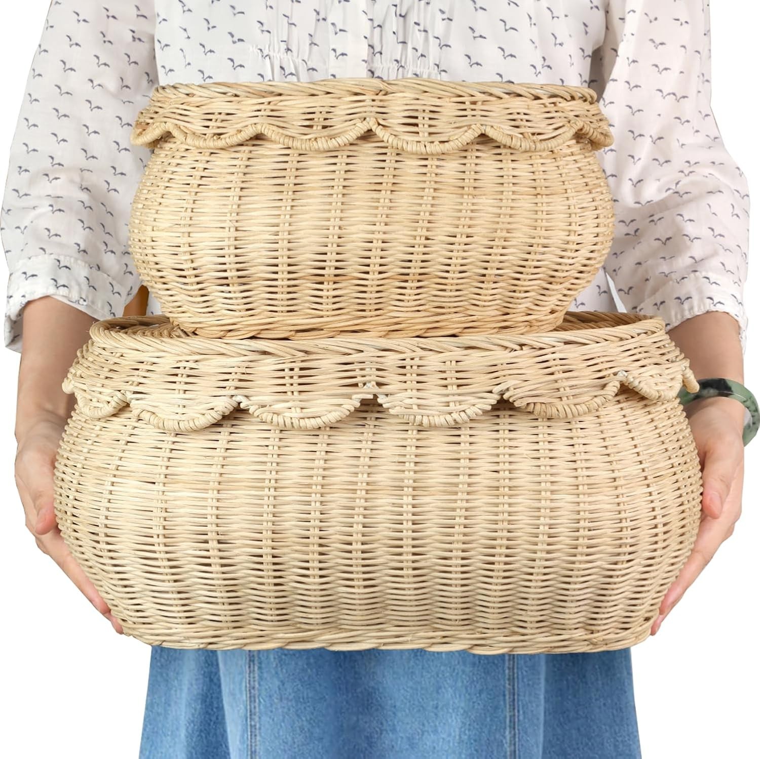 2PCS Rattan Wicker Baskets w/ Lid – Small Handwoven Scalloped Storage gallery