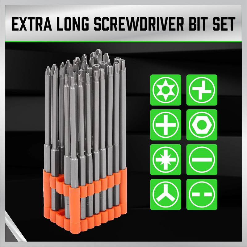 32pc Extra Long Security Bit Set Tamper Proof Torx Star 6 In 1/4" Shank w Holder gallery