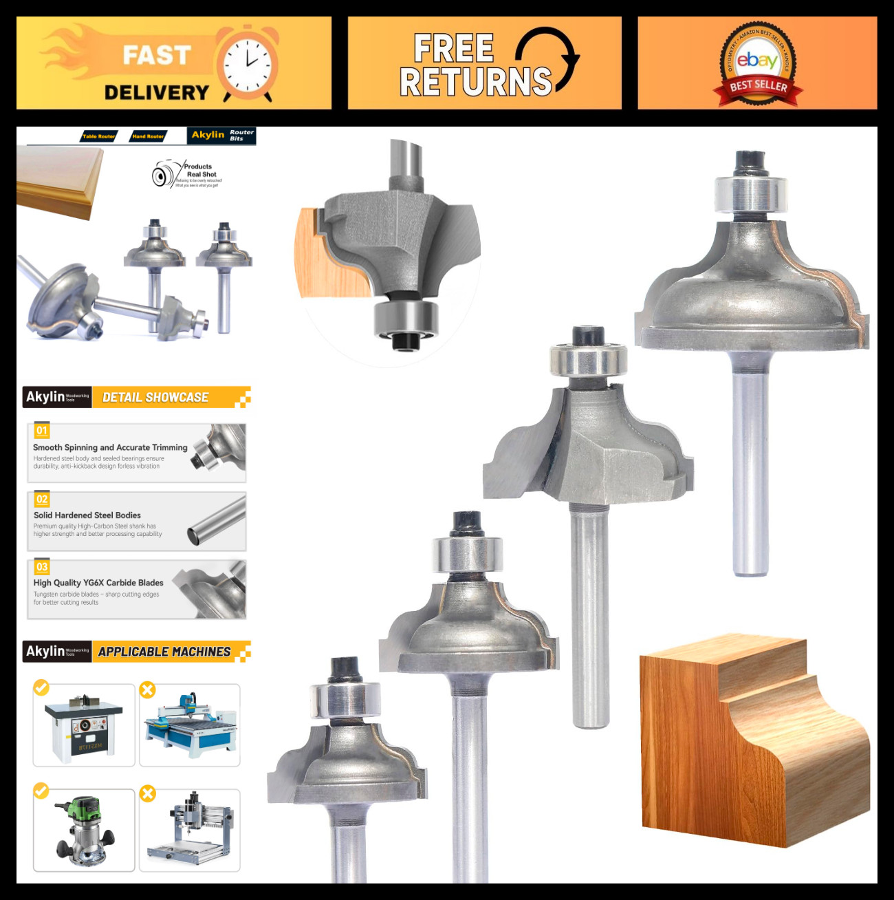 4Pcs Ogee Router Bit Set, 1/4" Shank, Double Roman Edging Cutter for Wood Moldin gallery