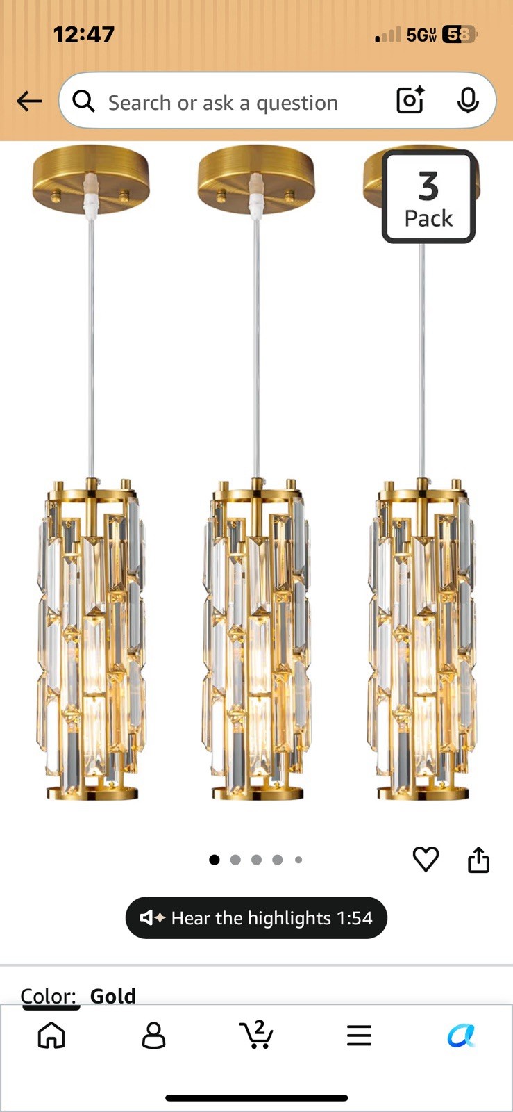 Modern Gold Crystal Pendant Light 3-Pack, Height-Adjustable, Warm White, Round gallery