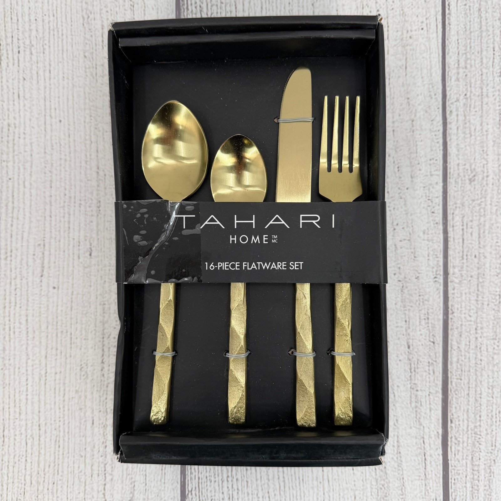 Tahari Flatware Set Gold 16-Piece Hammered Faceted Modern Luxury Dining Glam gallery