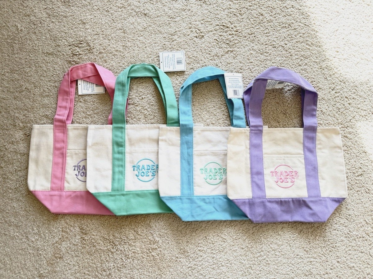 Trader Joe’s Mini Pastel Canvas Tote Bag Set Of 4 NWT Blue Green Pink Purple gallery